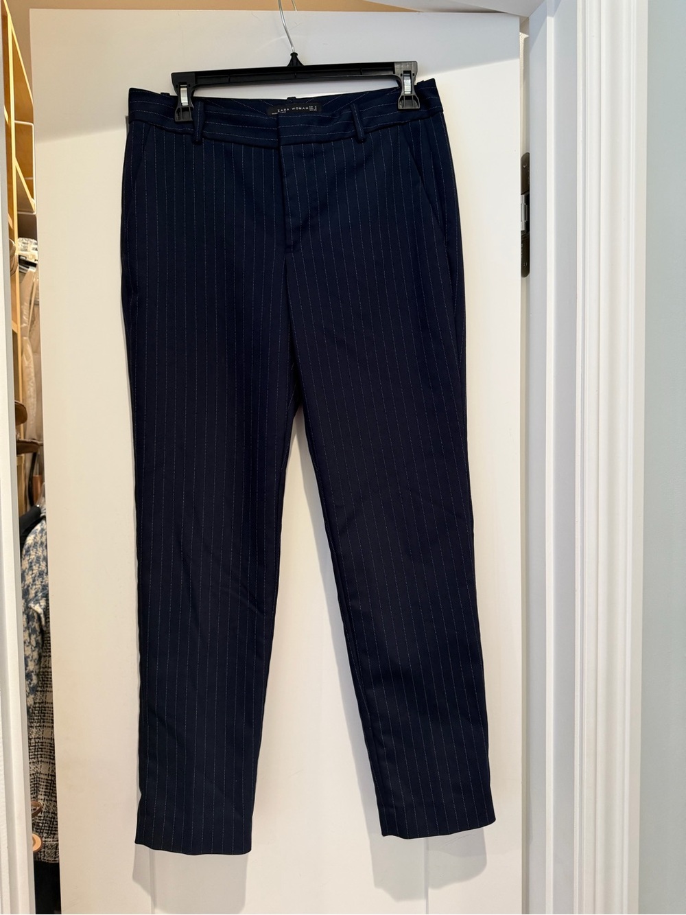 Zara Woman navy pinstripe straight leg trousers